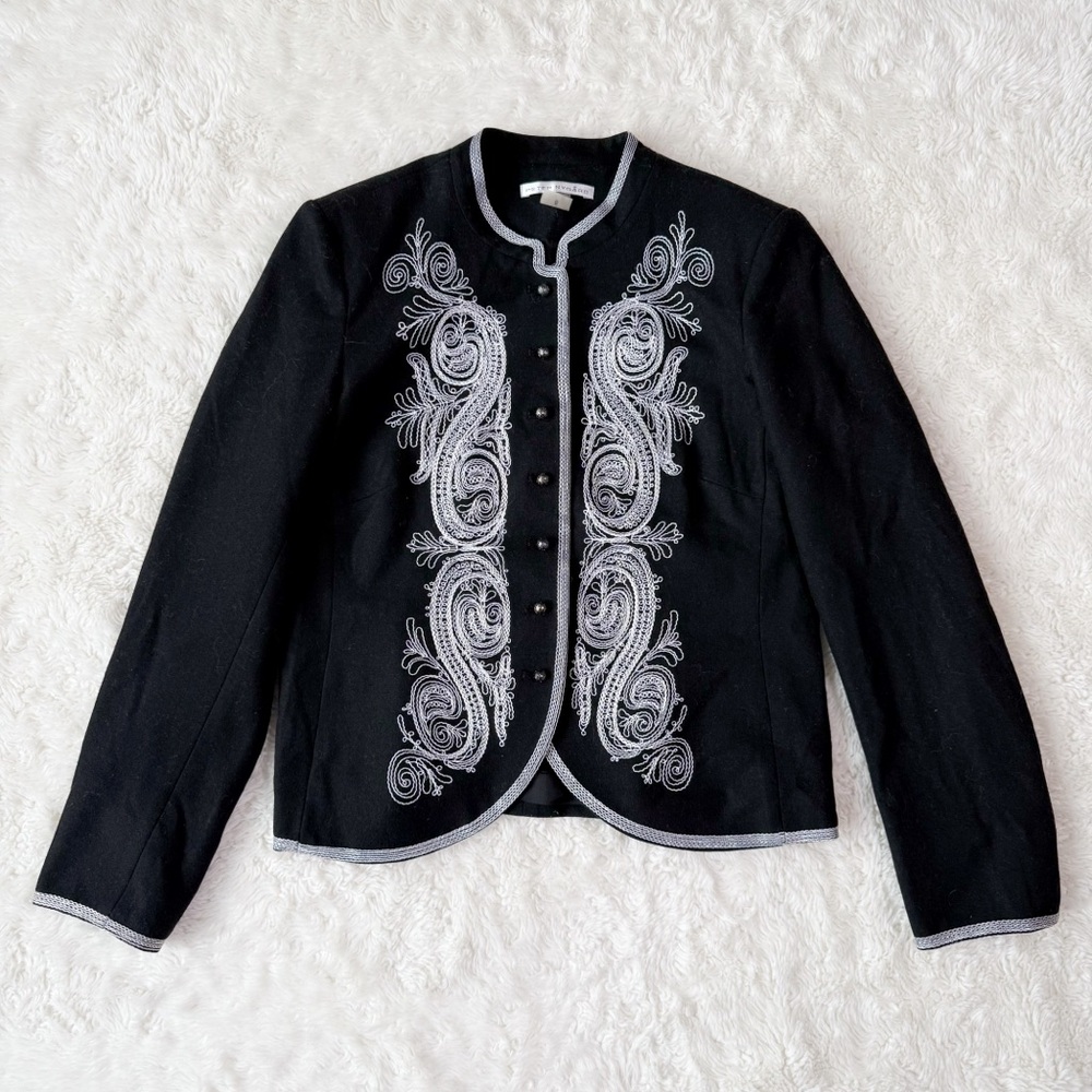 VTG Peter Nygard Woman Black Wool Embroidered Blazer Jacket US8 Classic Luxury